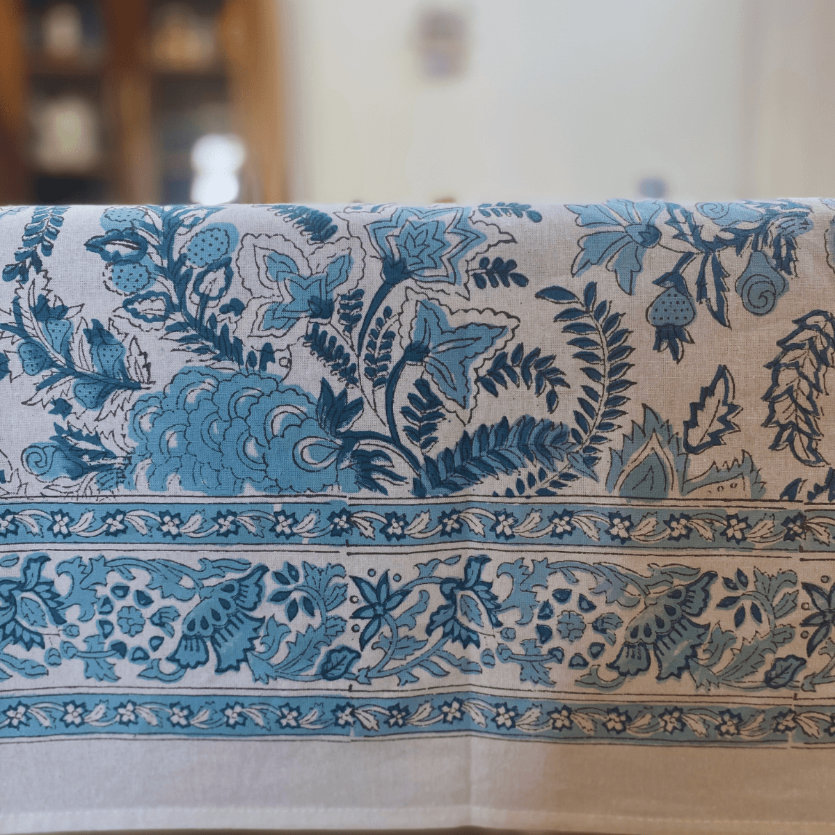 Blue Poppy 6 Seater Dining Table Cover, 100% Cotton, 60" x 90" - Coral Slub - 