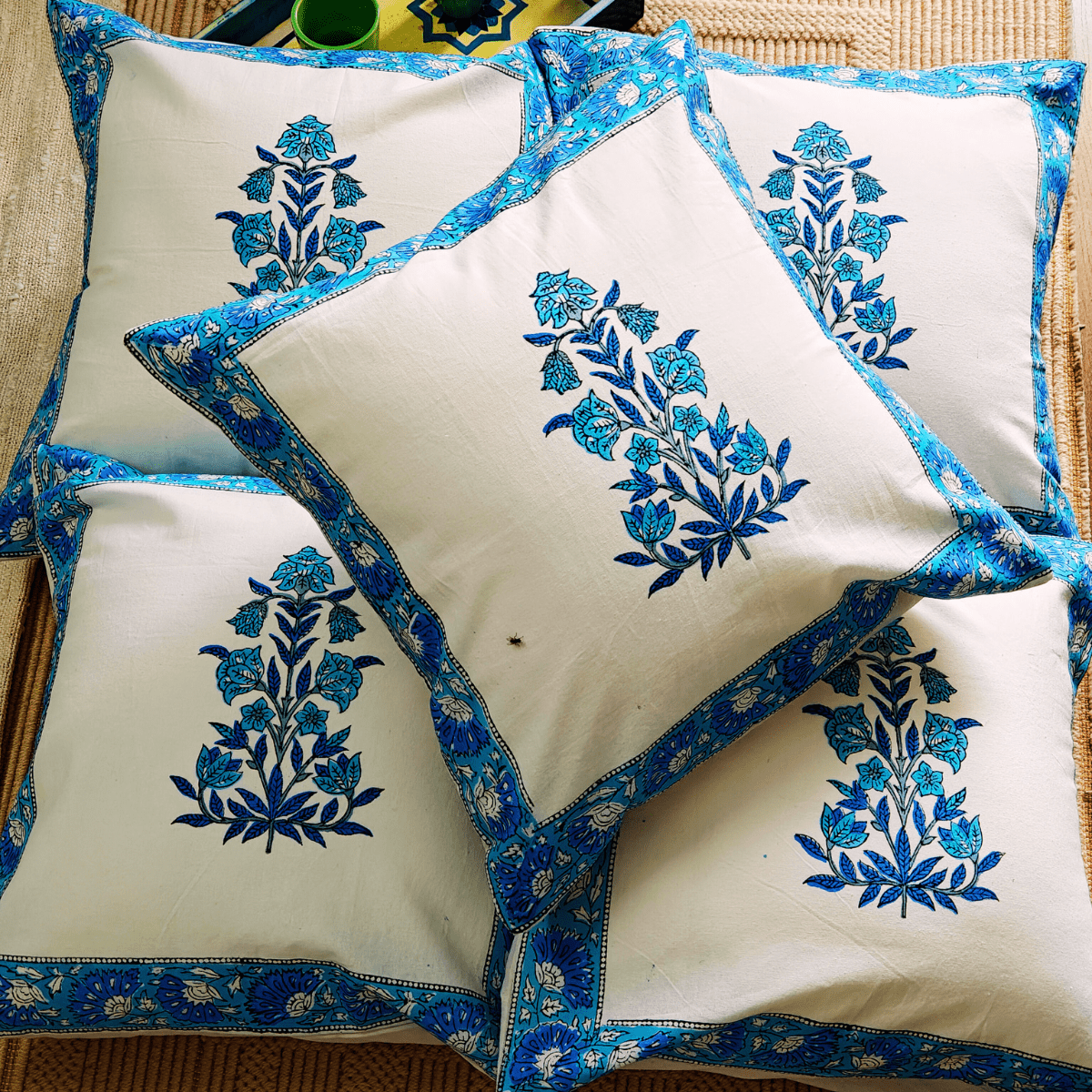 Bluebell Hand Block Printed Cushion Covers, 16" x 16", Pack of 5 - Coral Slub - 