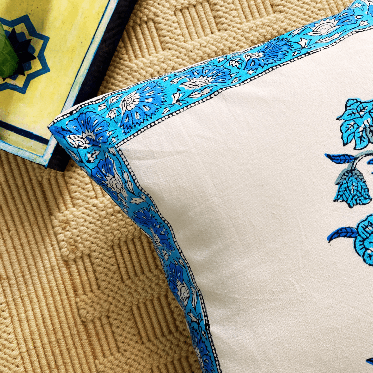 Bluebell Hand Block Printed Cushion Covers, 16" x 16", Pack of 5 - Coral Slub - 