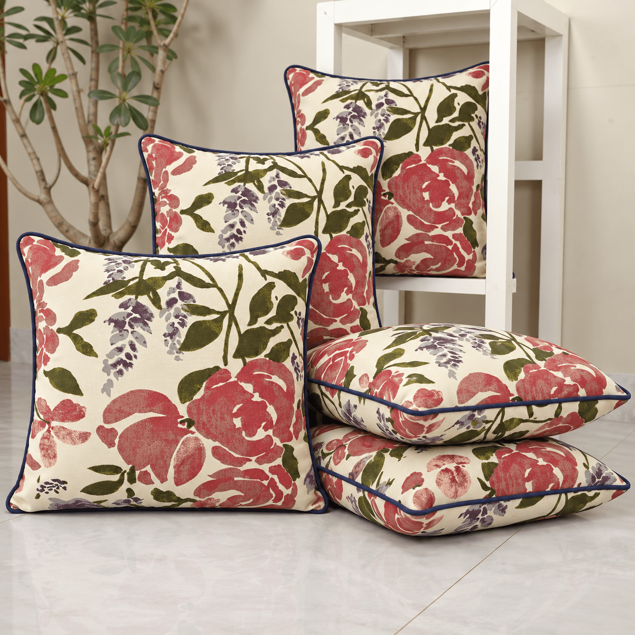 Blush Printed Cushion Covers, 16" x 16", Pack of 5 - Coral Slub -