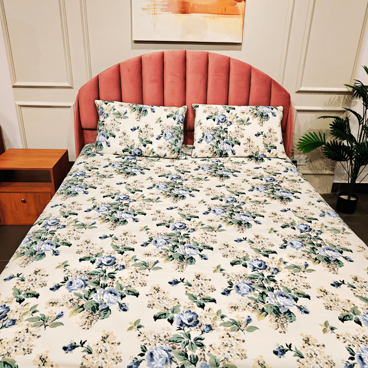 Blushing Fern King Size Bedsheet Set (108" x 108") – 100% Cotton, Quilted Pillow Covers - Coral Slub - 