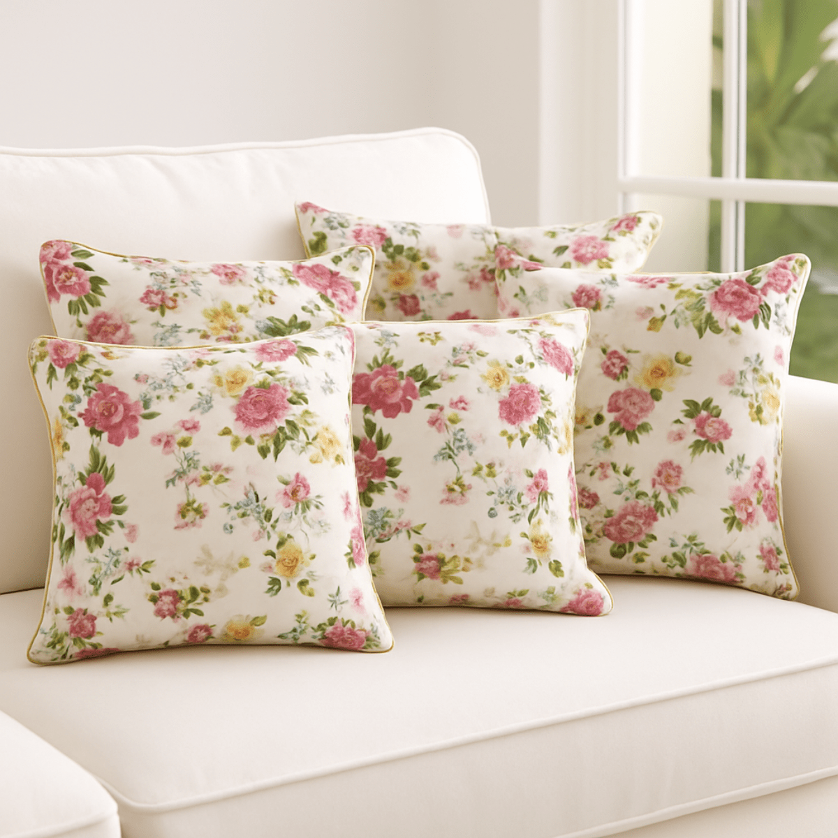 Bud Printed Cushion Covers, 16" x 16", Pack of 5 - Coral Slub - 