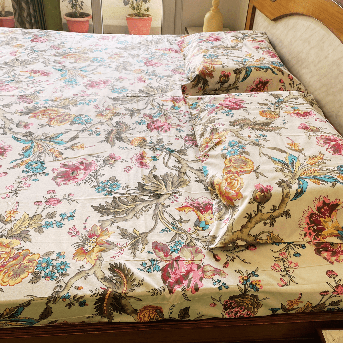 Celestia Bedsheet Set 100% Cotton, King Size Double Bed Sheet, 100" x 108" inch - Coral Slub - 