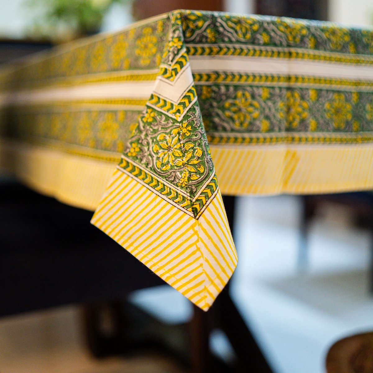 Chamak 6 Seater Dining Table Cover, Block Print, 100% Cotton, 60" x 90" - Coral Slub - 