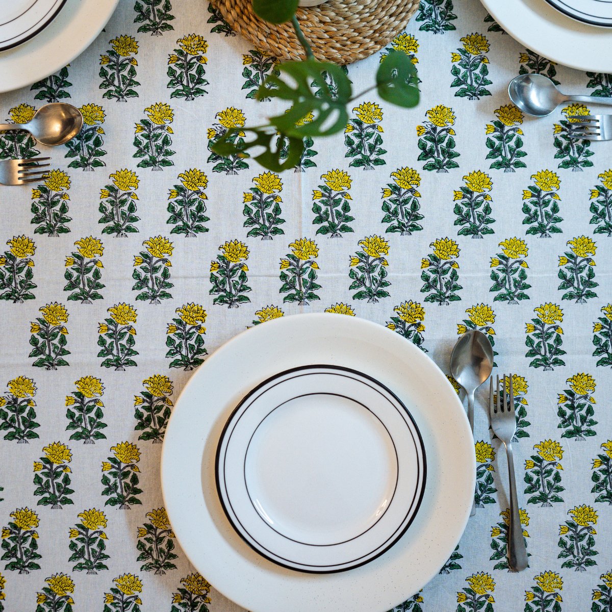 Chamak 6 Seater Dining Table Cover, Block Print, 100% Cotton, 60" x 90" - Coral Slub - 