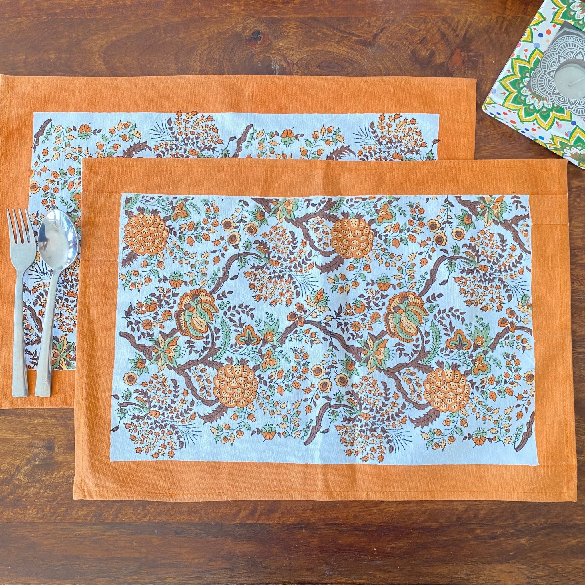 Champa Hand Block Print Placemats, 12" x 18", Set of 6 - Coral Slub - 