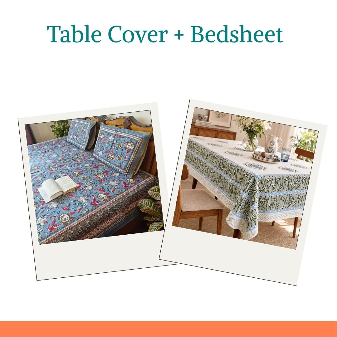 Chandni & Neer Home Décor Combo – Hand Block Print Dining Table Cover & Floral Cotton Bedsheet - Coral Slub -