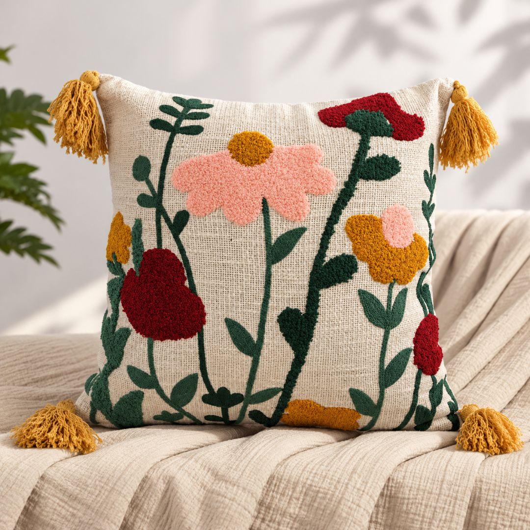 Charm Cushion Cover Embroidered, 16" x 16", Pack of 1 - Coral Slub -