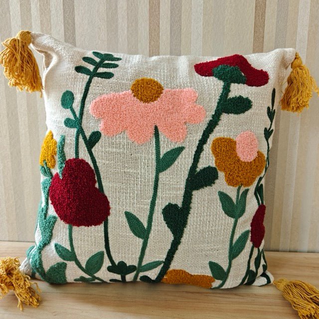 Charm Cushion Cover Embroidered, 16" x 16", Pack of 1 - Coral Slub -