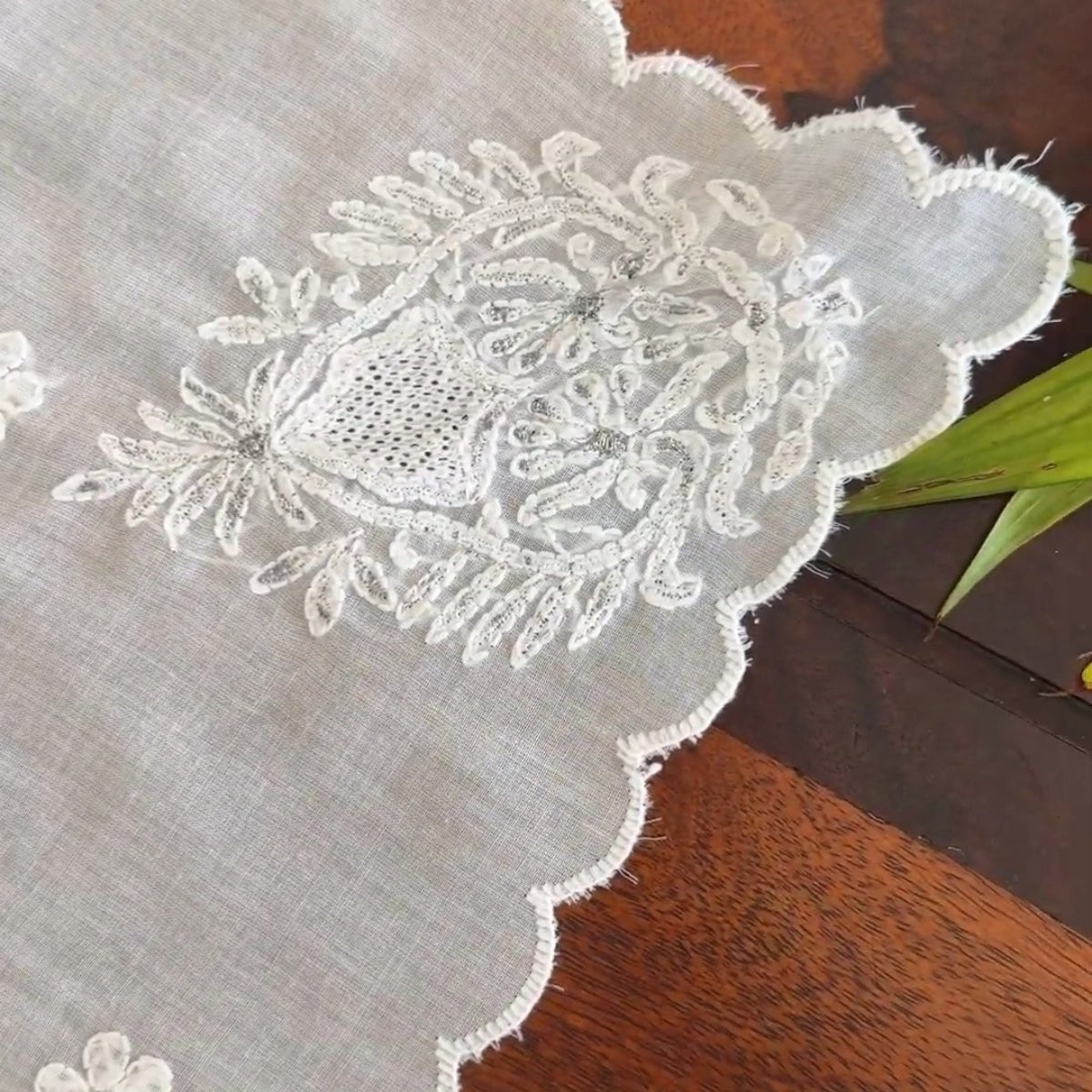 Chikankari Embroidery White Table Runner, 60" x 12" - Coral Slub - 