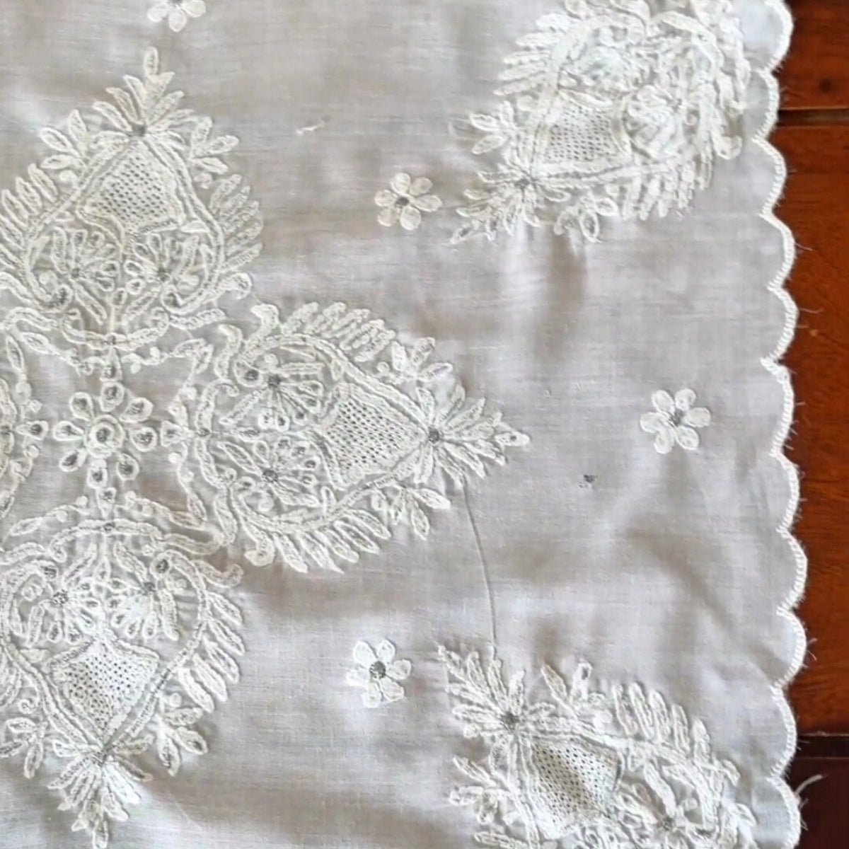 Chikankari Embroidery White Table Runner, 60" x 12" - Coral Slub - 