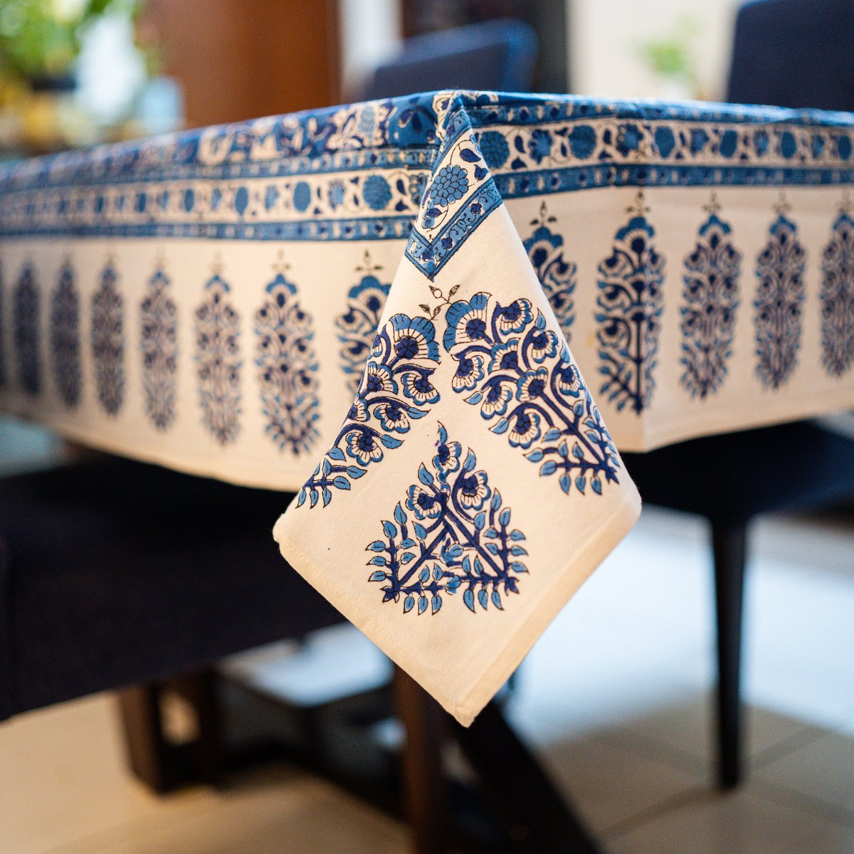 Cobalt 6 Seater Dining Table Cover, Block Print, 100% Cotton, 60" x 90" - Coral Slub - 