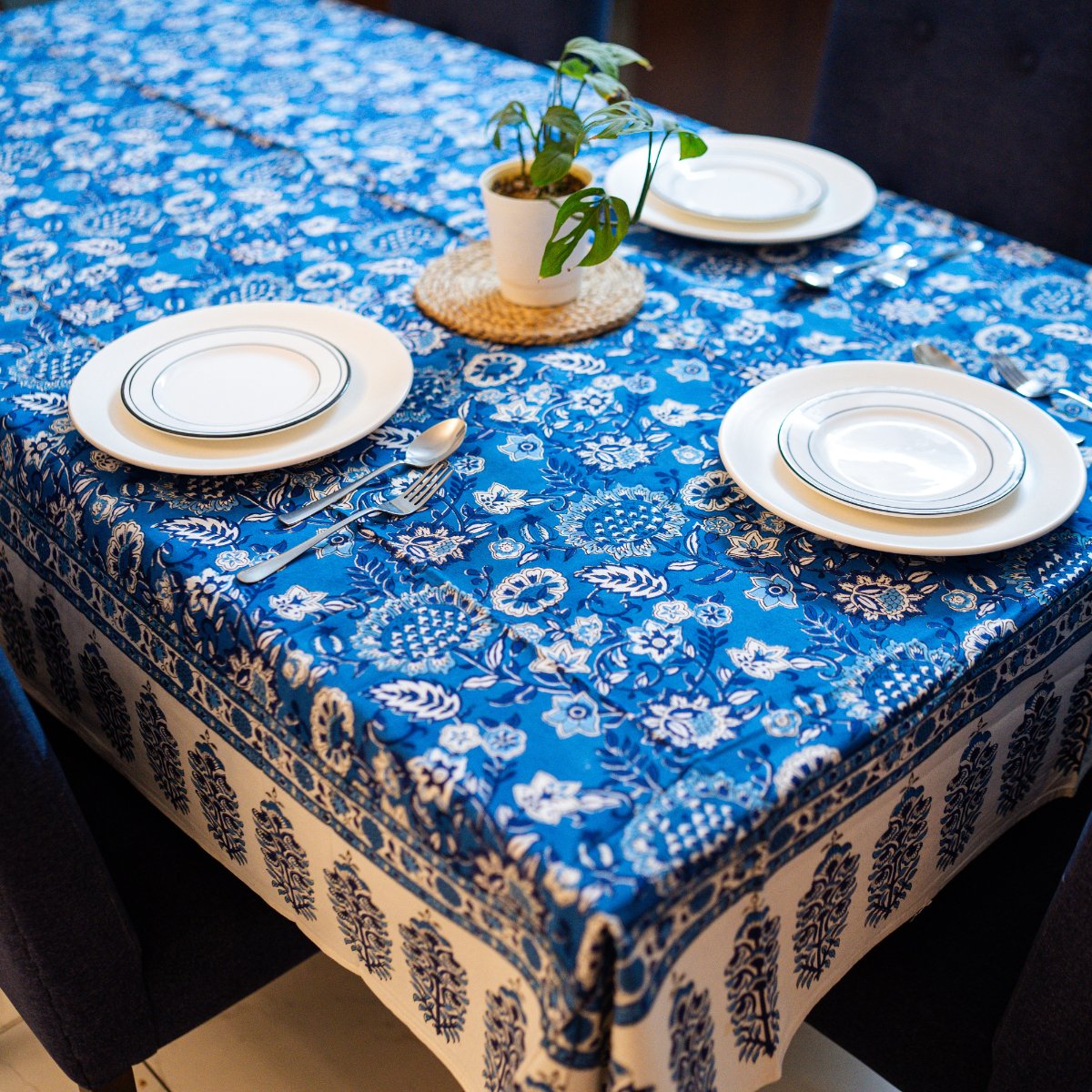 Cobalt 6 Seater Dining Table Cover, Block Print, 100% Cotton, 60" x 90" - Coral Slub - 