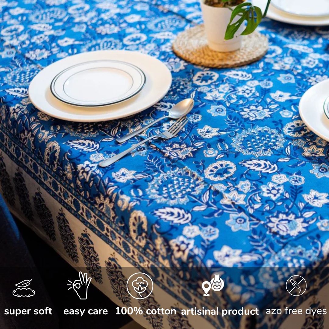 Cobalt 6 Seater Dining Table Cover, Hand Block Print, 100% Cotton, 60" x 90" - Coral Slub - 