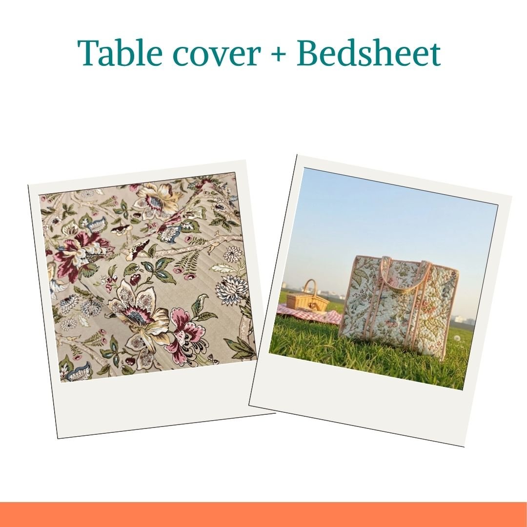 Coral Mist & Dune Bloom Combo – Botanical Cotton Tote Bag & Floral King Size Bedsheet - Coral Slub -