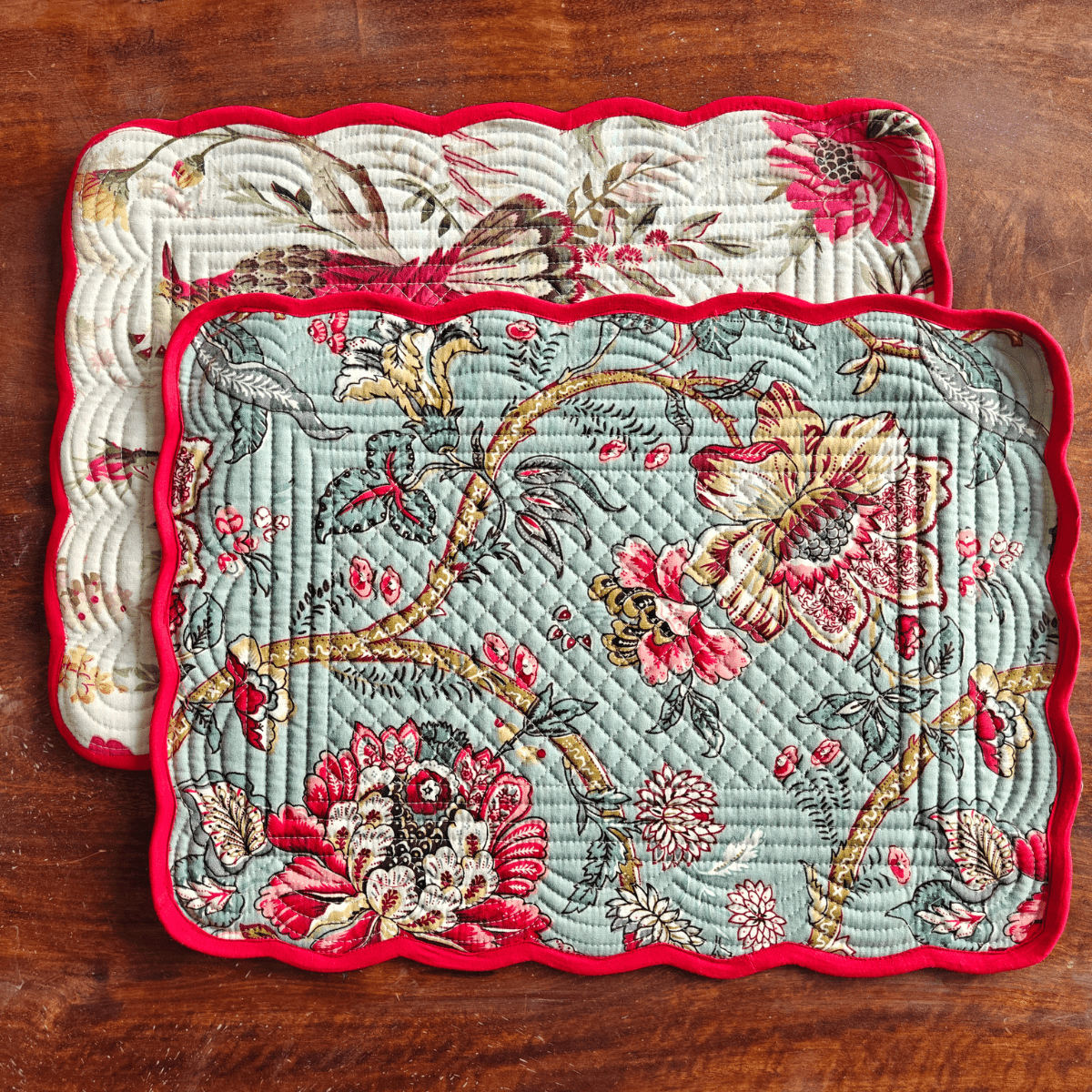 Crimson Meadow Quilted Reversible Placemats – 100% Cotton – Set of 6 - Coral Slub - 