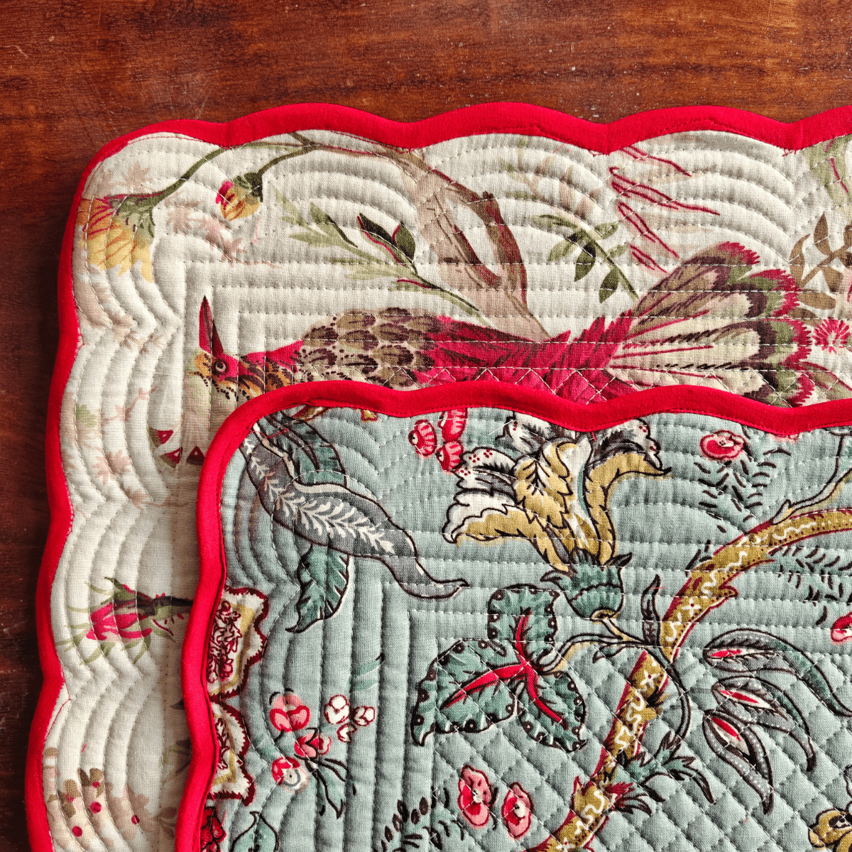 Crimson Meadow Quilted Reversible Placemats – 100% Cotton – Set of 6 - Coral Slub - 