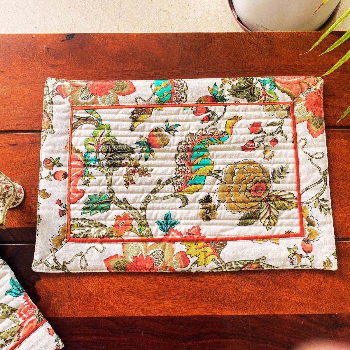 Dahlia Garden Print Cotton Placemats, 13" x 19", Set of 6 - Coral Slub - 