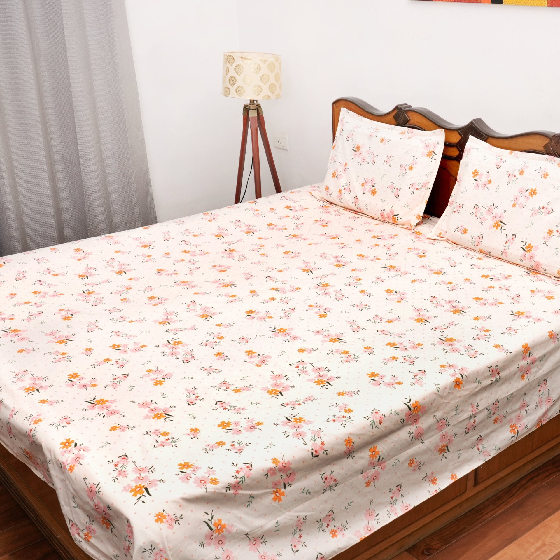 Dainty Bloom Double Bed Sheet Set, 90" x 100" - Coral Slub - 