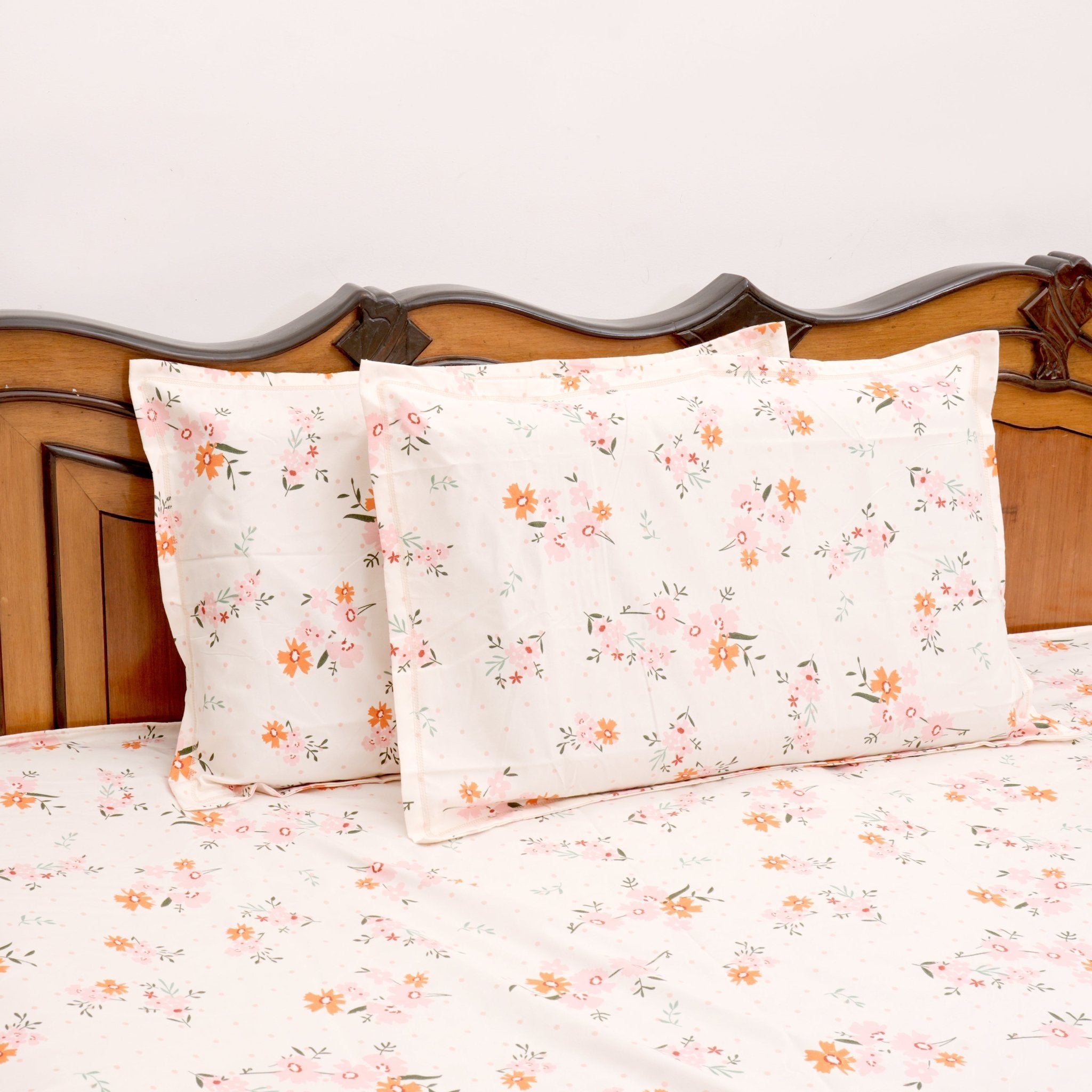 Dainty Bloom Double Bed Sheet Set, 90" x 100" - Coral Slub - 