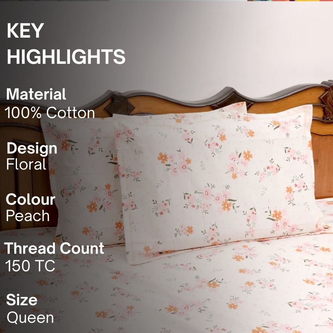 Dainty Bloom Double Bed Sheet Set, 90" x 100" inch - Coral Slub - 