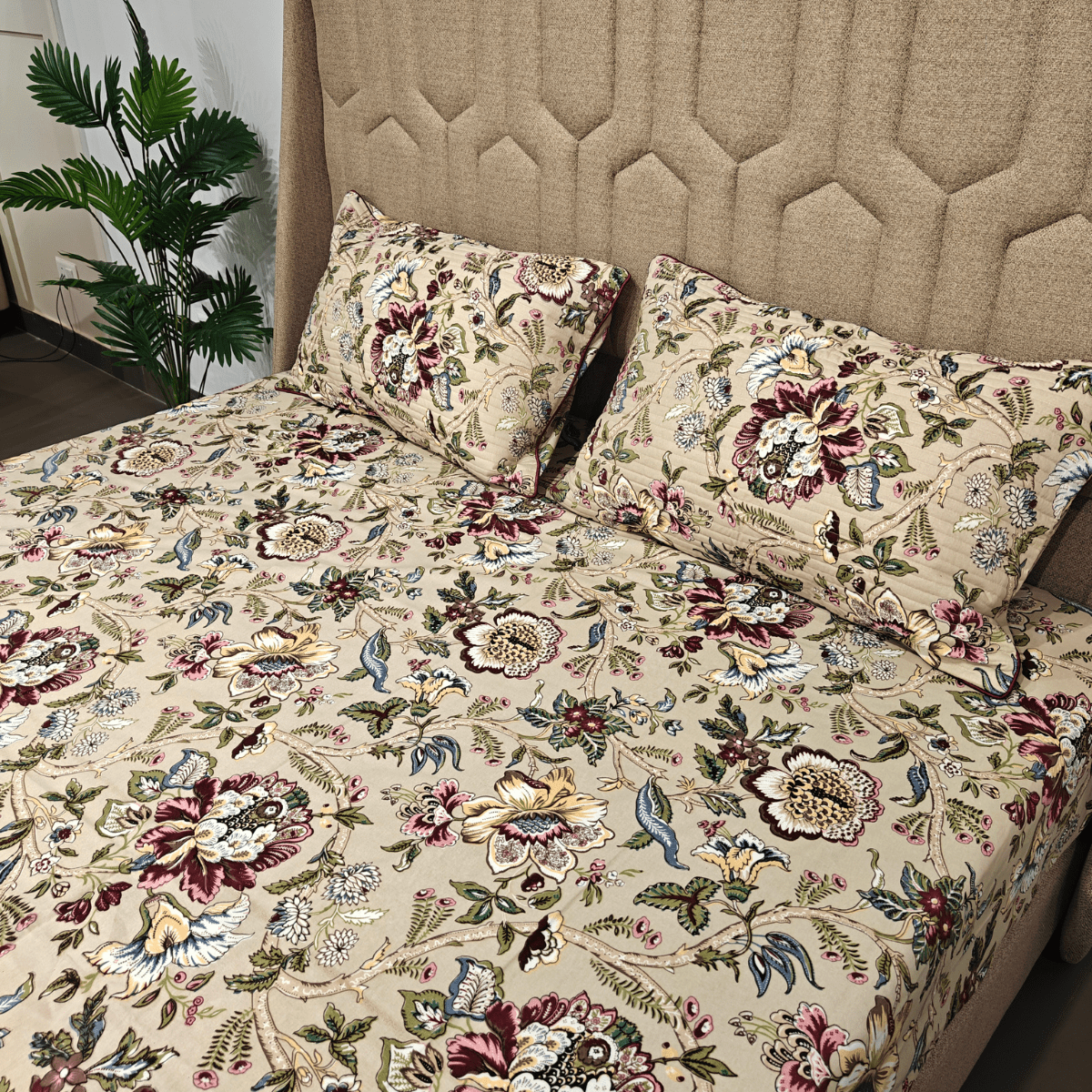 Dune Bloom King Size Bedsheet Set (108" x 108") – 100% Cotton, Quilted Pillow Covers - Coral Slub - 