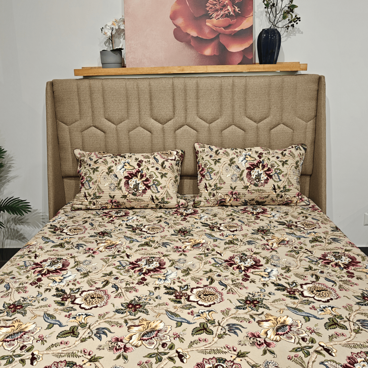 Dune Bloom King Size Bedsheet Set (108" x 108") – 100% Cotton, Quilted Pillow Covers - Coral Slub - 