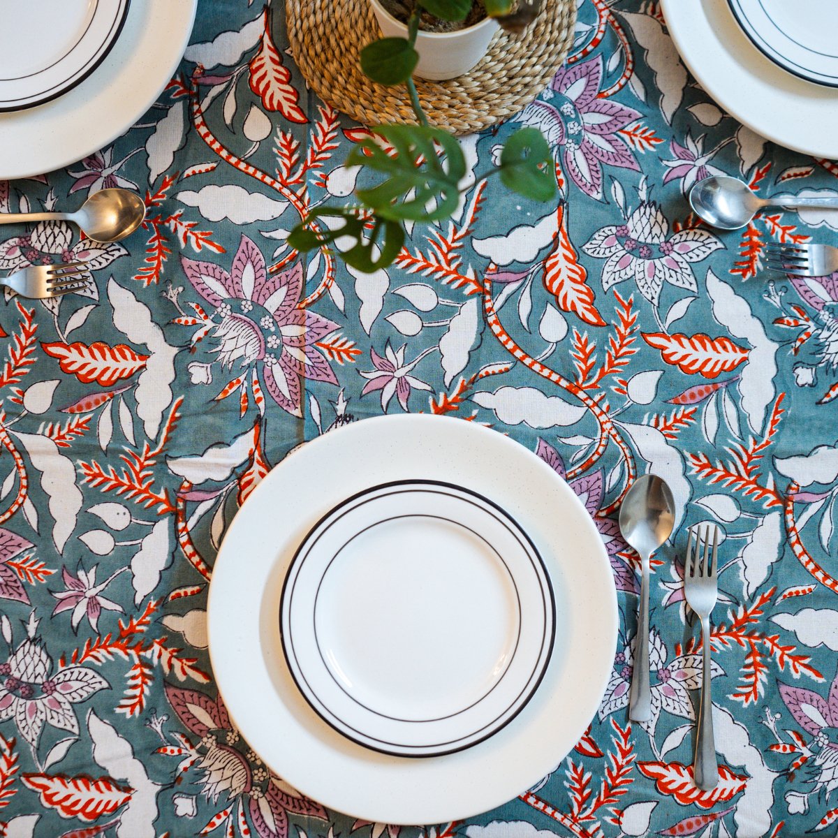 Eden 6 Seater Dining Table Cover, Block Print, 100% Cotton, 60" x 90" - Coral Slub - 