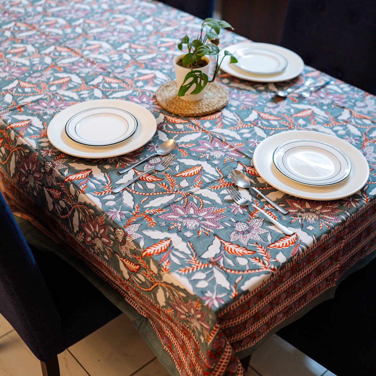 Eden 6 Seater Dining Table Cover, Block Print, 100% Cotton, 60" x 90" - Coral Slub - 