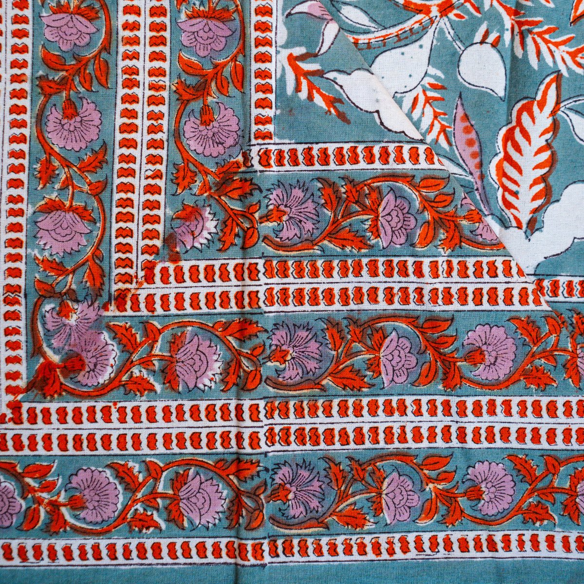 Eden 6 Seater Dining Table Cover, Block Print, 100% Cotton, 60" x 90" - Coral Slub - 