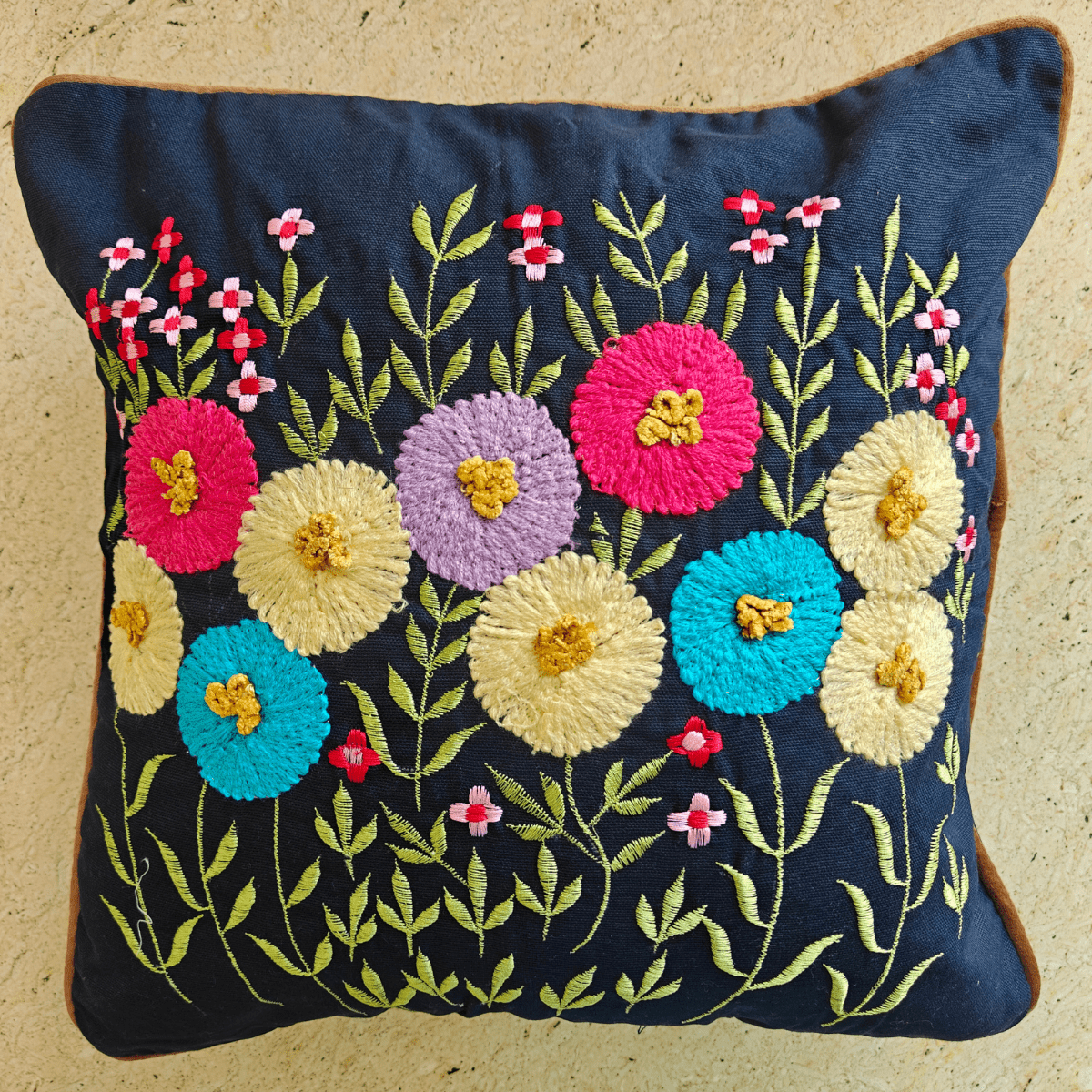 Elara Embroidered Cushion Cover, 16" x 16", Navy, Pack of 1 - Coral Slub - 