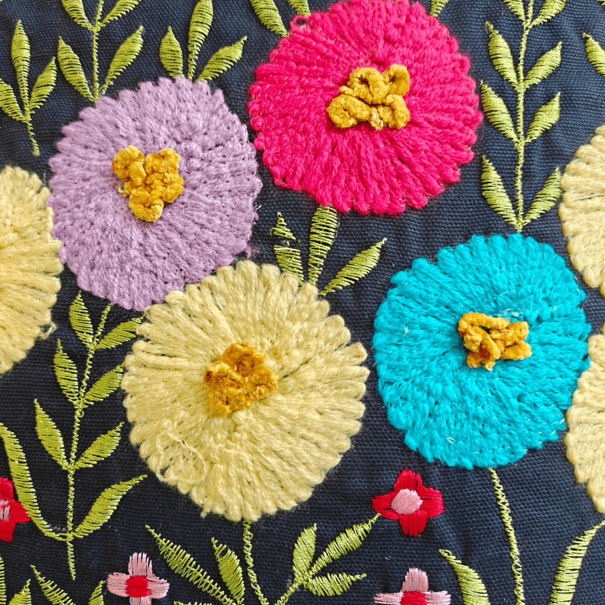 Elara Embroidered Cushion Cover, 16" x 16", Navy, Pack of 1 - Coral Slub - 