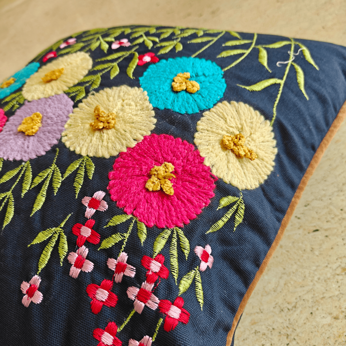 Elara Embroidered Cushion Cover, 16" x 16", Navy, Pack of 1 - Coral Slub - 