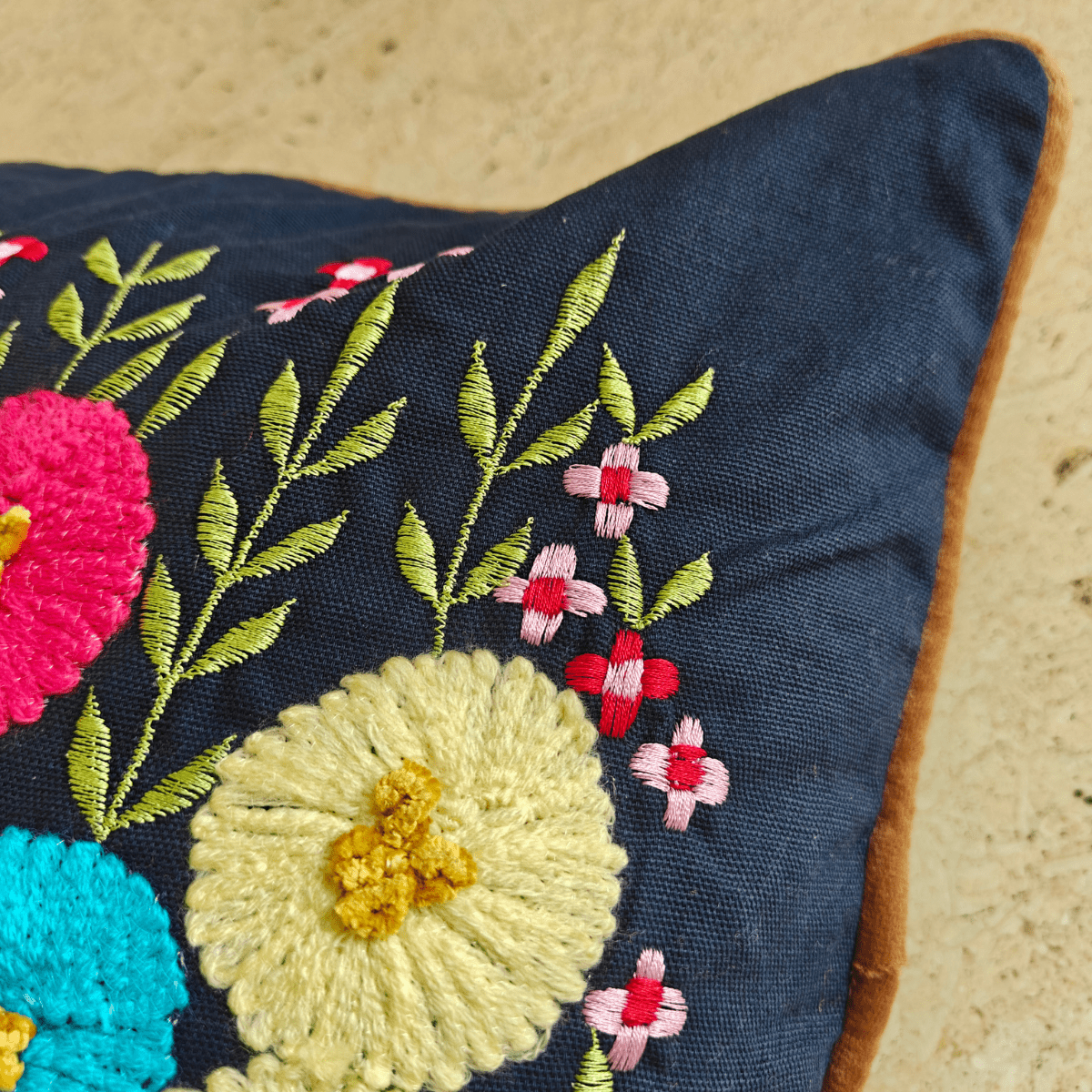 Elara Embroidered Cushion Cover, 16" x 16", Navy, Pack of 1 - Coral Slub - 