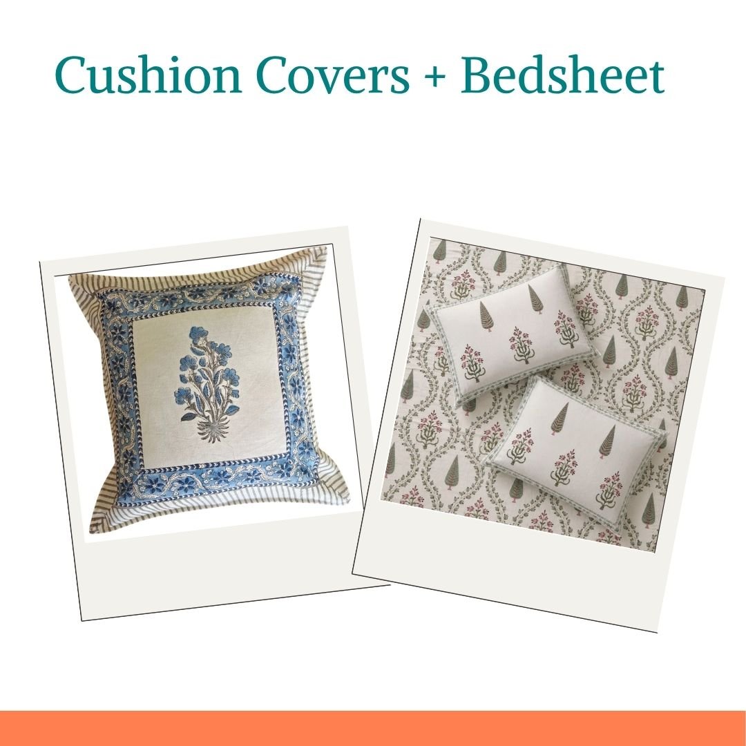 Faiza & Vrinda Home Décor Combo – Block Print Cushion Covers & King Size Bedsheet - Coral Slub -