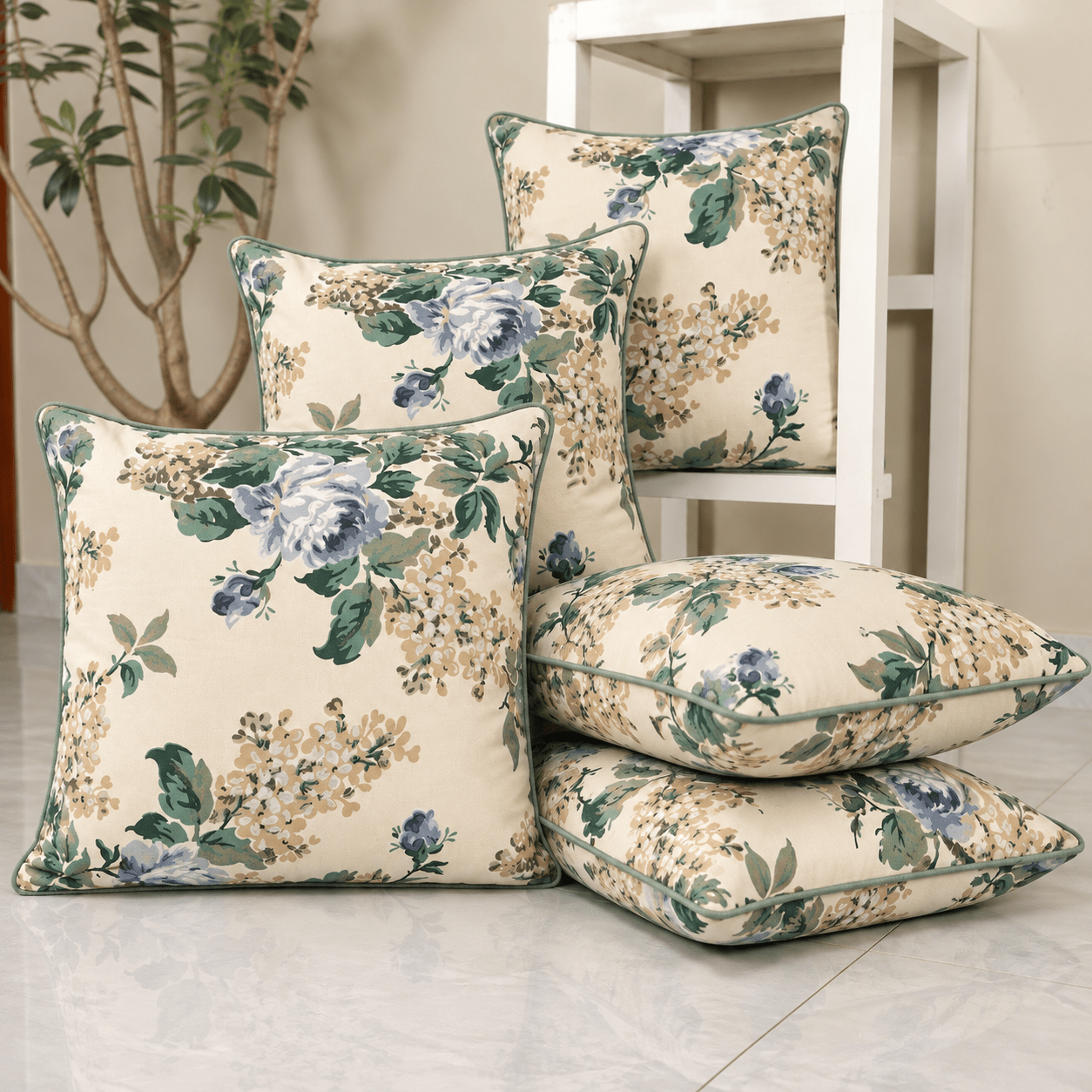 Fern Grace Printed Cushion Covers, 16" x 16", Pack of 5 - Coral Slub -