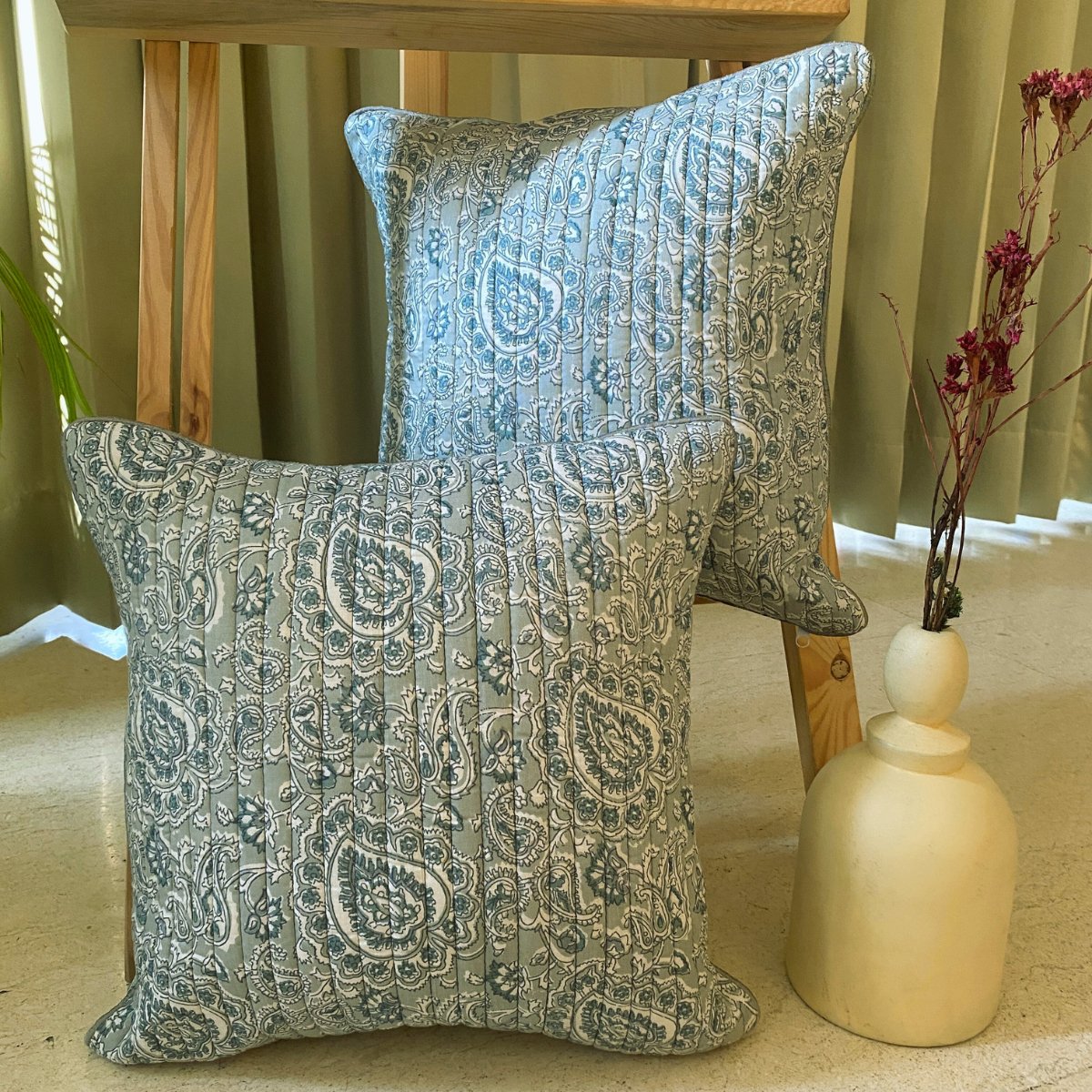 Fern Quilted Cushion Covers, pack of 5, 16" x 16" - Coral Slub - 