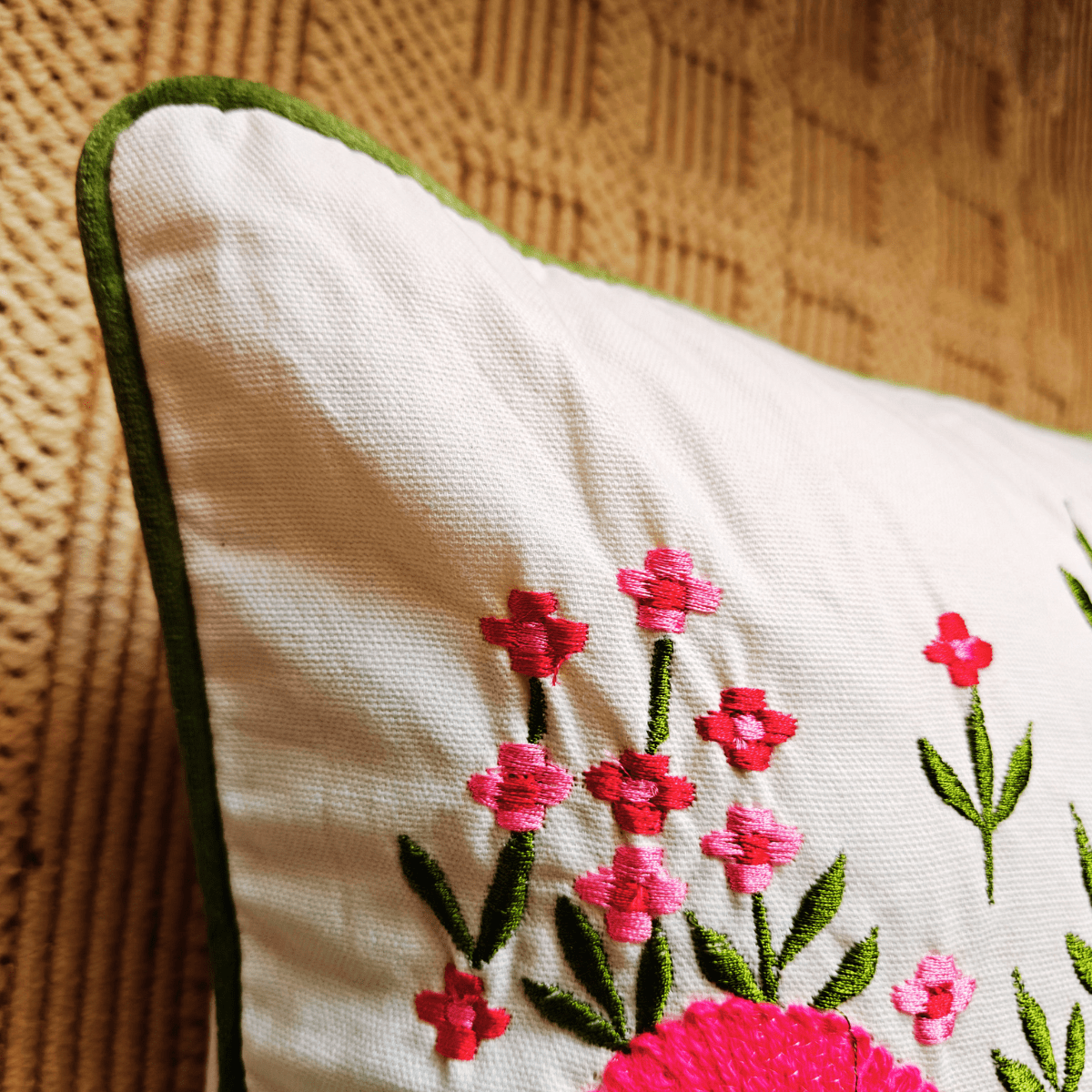 Flora Embroidered Cushion Cover, 16" x 16", Ecru, Pack of 1 - Coral Slub - 