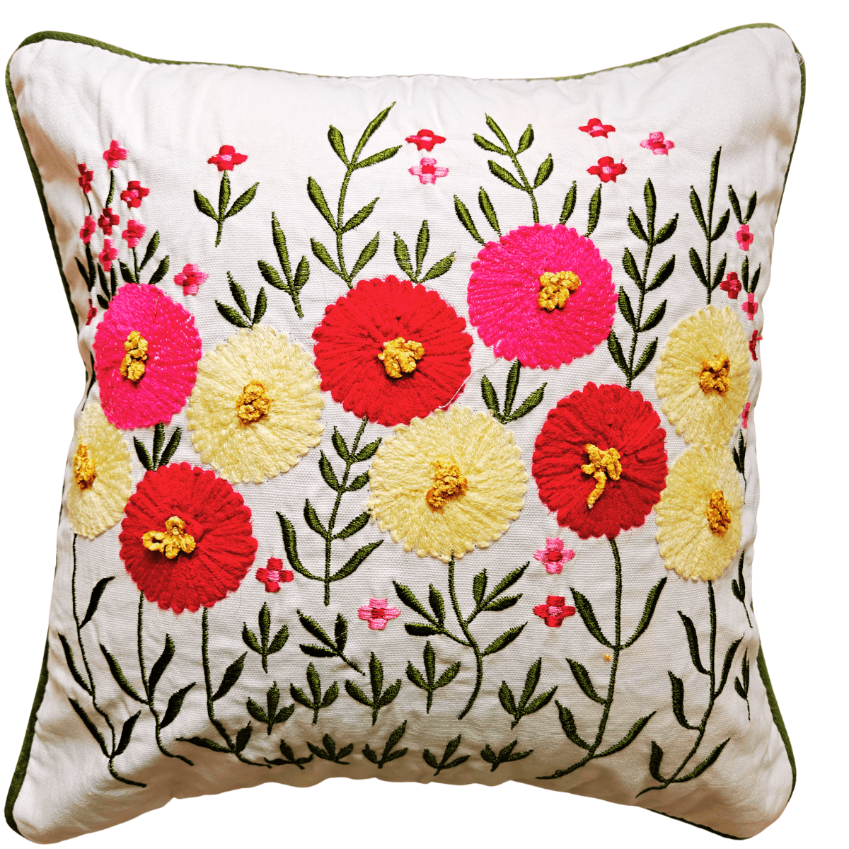 Flora Embroidered Cushion Cover, 16" x 16", Ecru, Pack of 1 - Coral Slub - 