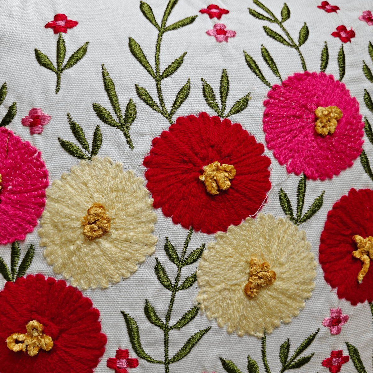 Flora Embroidered Cushion Cover, 16" x 16", Ecru, Pack of 1 - Coral Slub - 