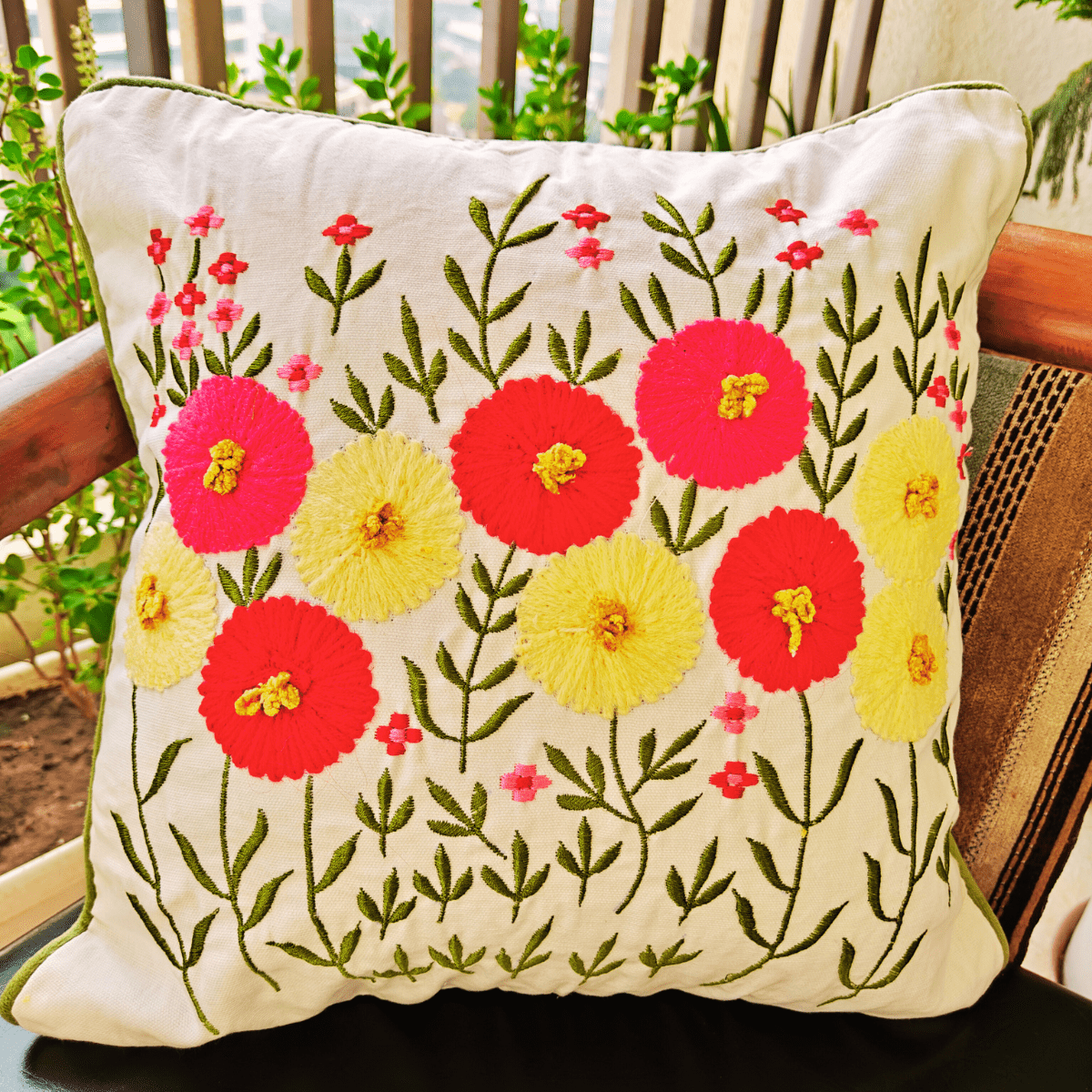 Flora Embroidered Cushion Cover, 16" x 16", Ecru, Pack of 1 - Coral Slub - 