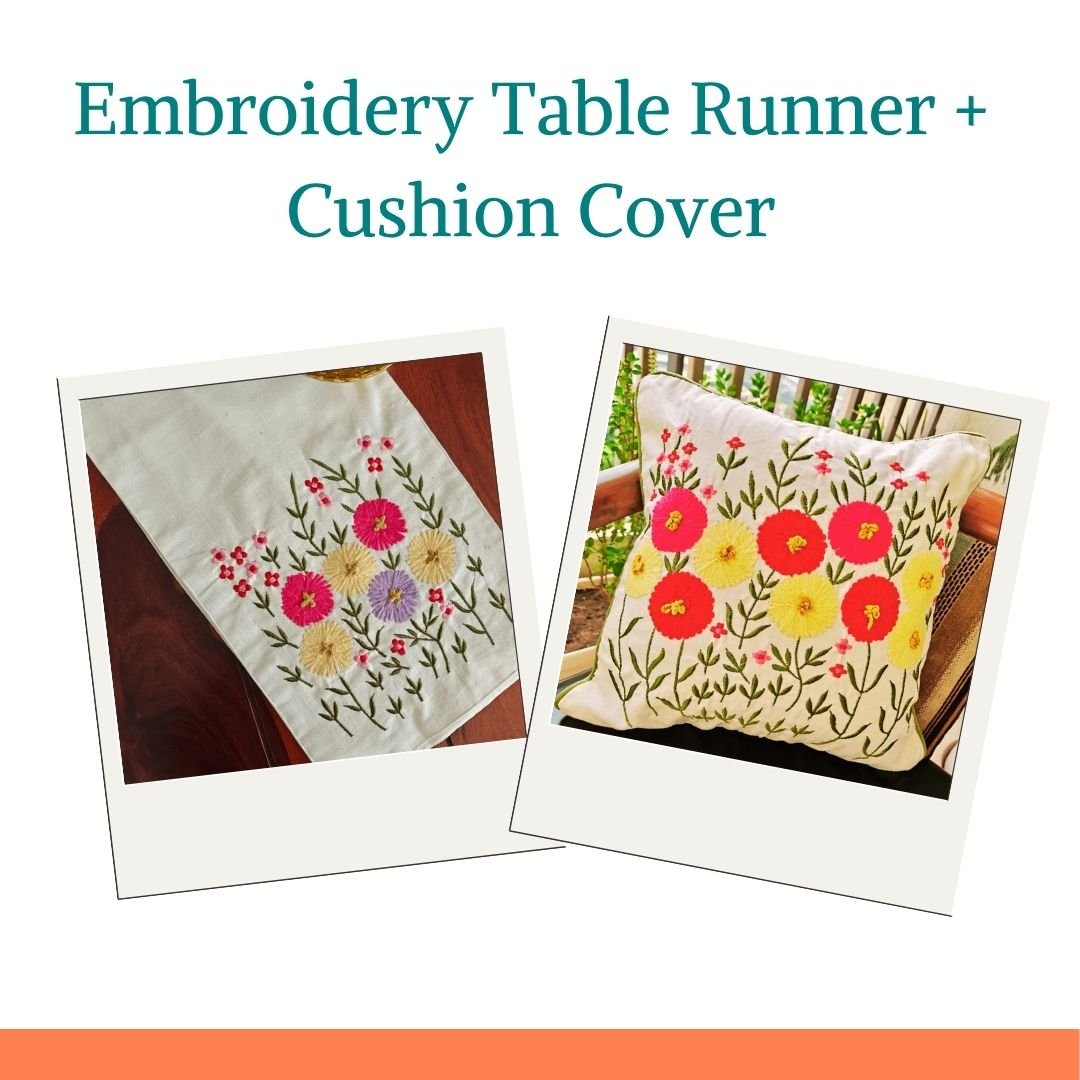 Flora Embroidered Décor Combo – Floral Cotton Table Runner & Cushion Cover - Coral Slub -