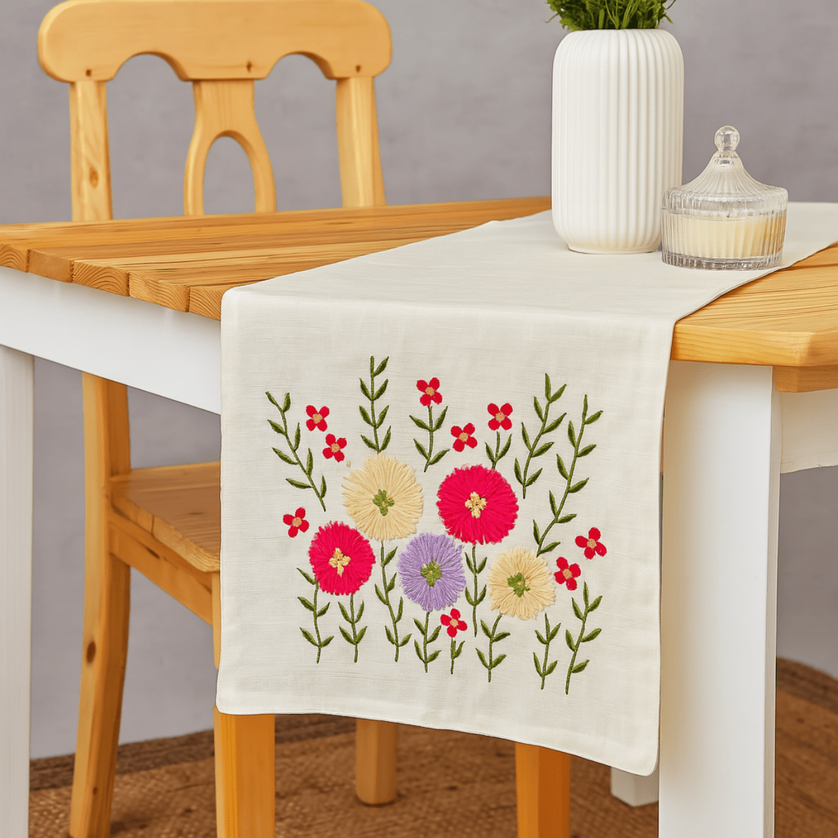 Flora Embroidered Table Runner – 72" x 12" - Coral Slub - 