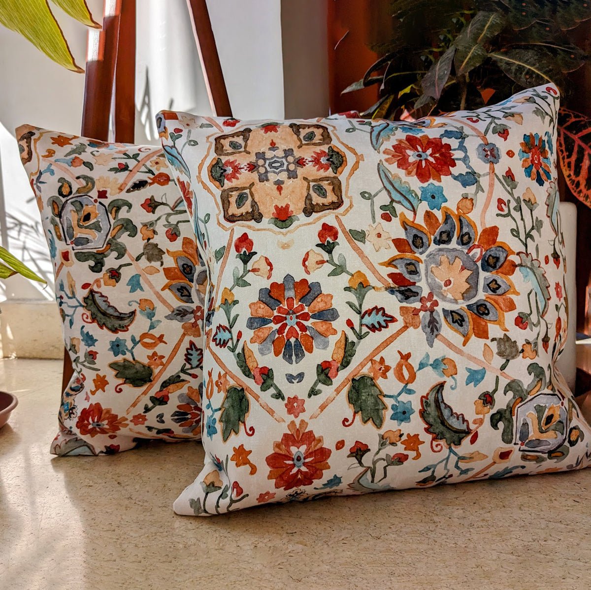 Floral Elegance Cushion Cover, Pack of 2, 16" x 16" - Coral Slub - 