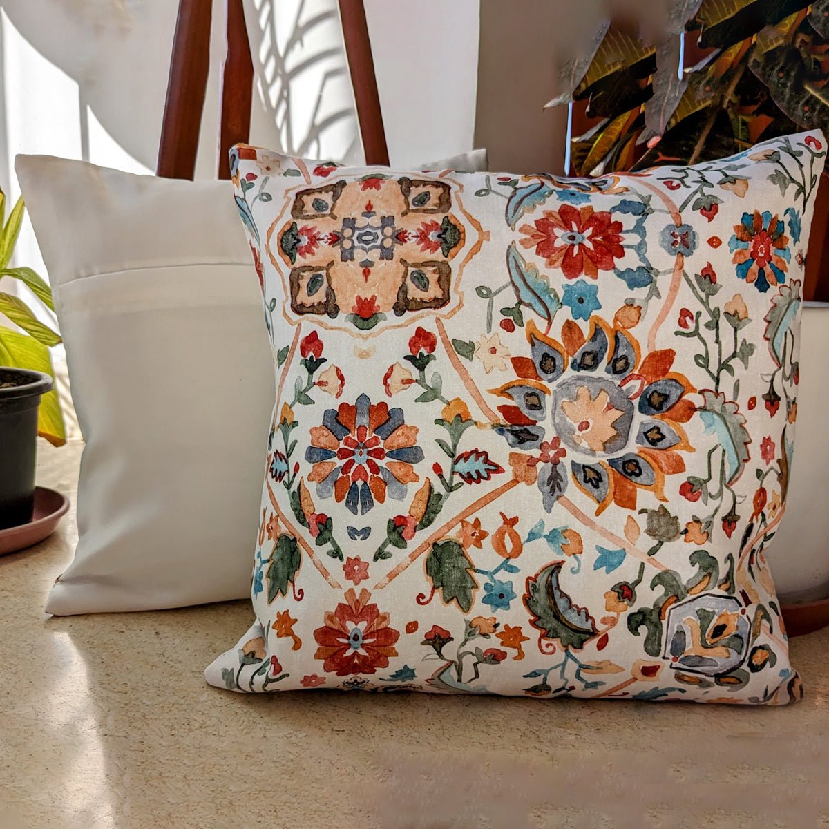 Floral Elegance Cushion Cover, Pack of 2, 16" x 16" - Coral Slub - 