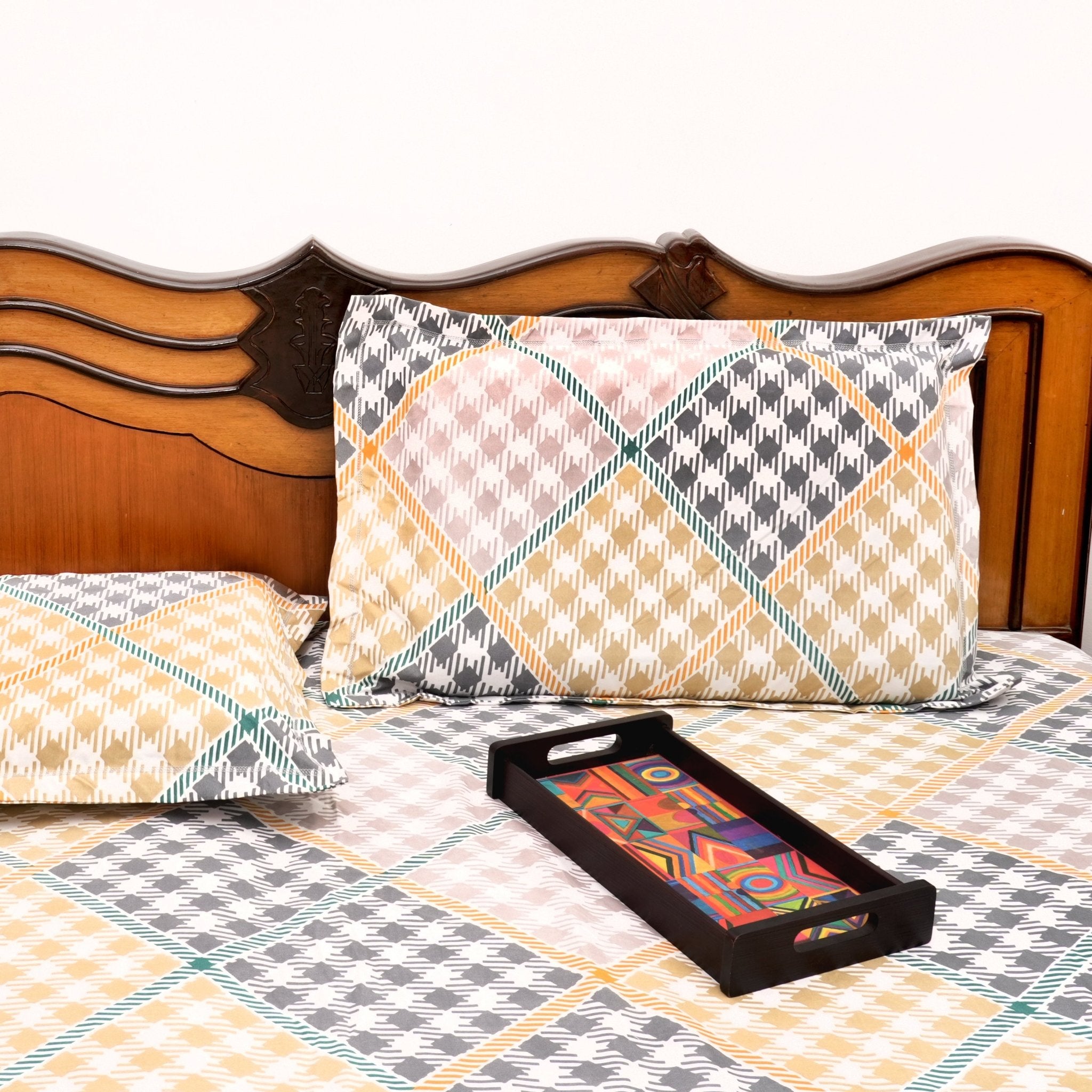 Geo Harmony Double Bed Sheet Set, 90" x 100" - Coral Slub - 