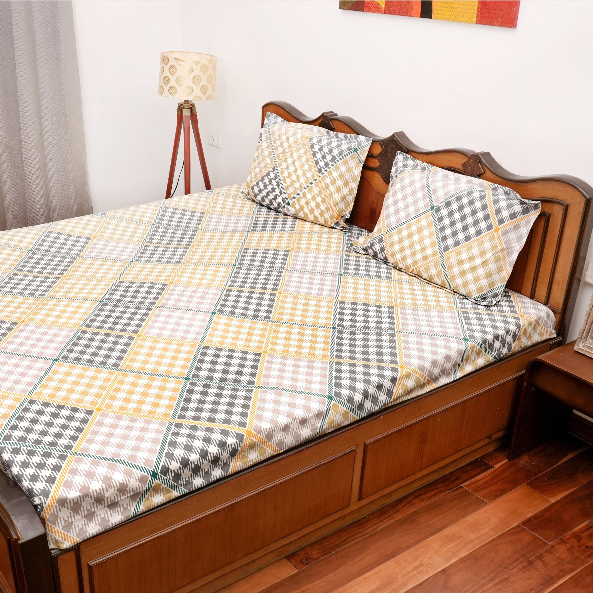 Geo Harmony Double Bed Sheet Set, 90" x 100" - Coral Slub - 