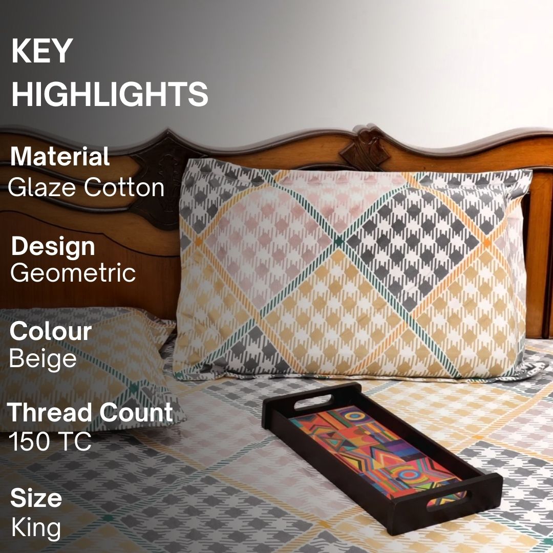 Geo Harmony Double Bed Sheet Set, 90" x 100" inch - Coral Slub - 