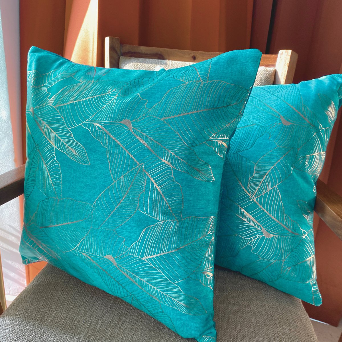 Golden Leaves Teal Cushion Covers, Pack of 2, 16" x 16" - Coral Slub - 