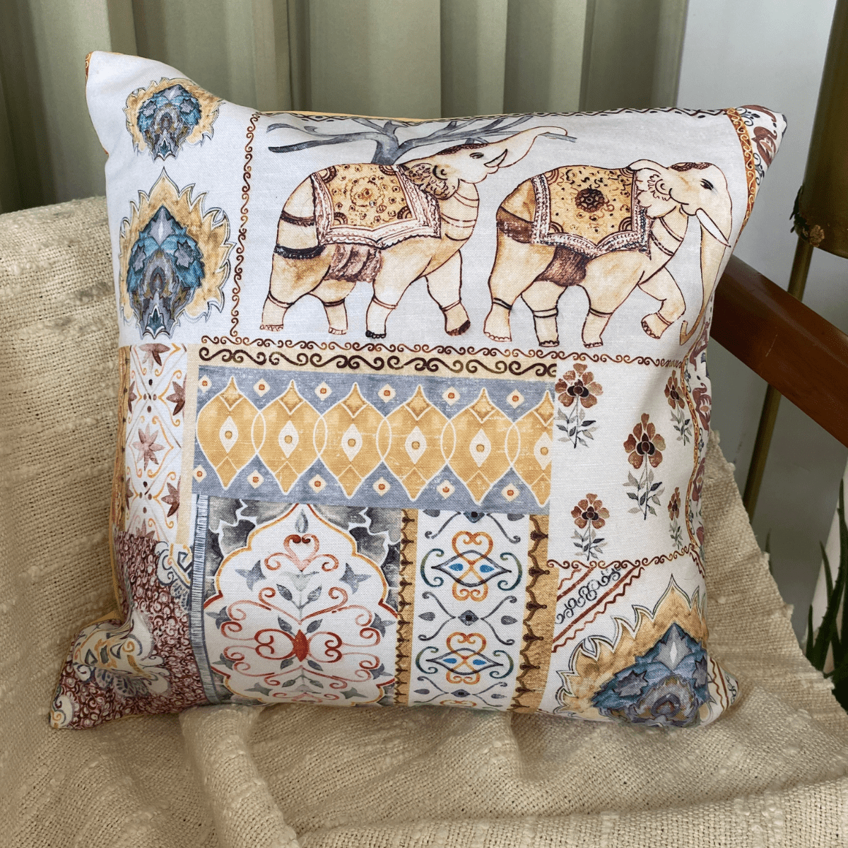 Golden Oasis Yellow Elephant Print Cushion Covers, 16" x 16", Pack of 2 - Coral Slub - 